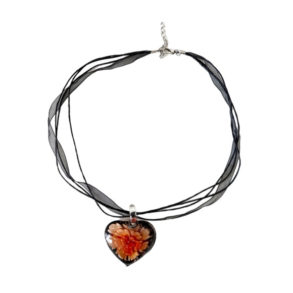 Blown Glass Heart with Orange Flower Medallion Black Cord and Lace Necklace - Picture 2 of 7